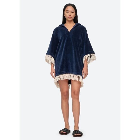 NWT S.E.A. NY Nautical Coverup Navy Blue with Fringe Hooded Large - Picture 4 of 9